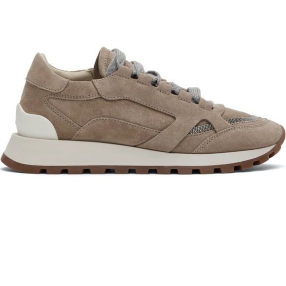 BRUNELLO CUCINELLI Women's Taupe Suede Bead-embellished Sneakers, Size 41 - Picture 1 of 7